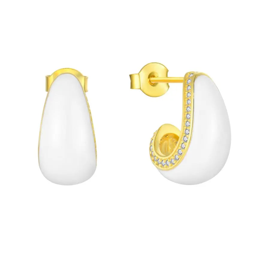 Hypoallergenic 18K Gold Plated Luxury Drop White Enamel Bridal Earrings with CZ Accents