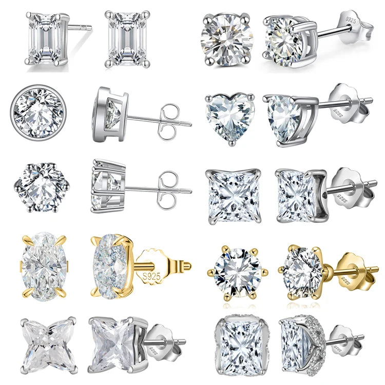 SE-3 Exquisite Jewelry Earring Glamorous 925 Sterling Silver Eternity Square Heart Round Diamond 5A 8A Zirconia Stud Earrings