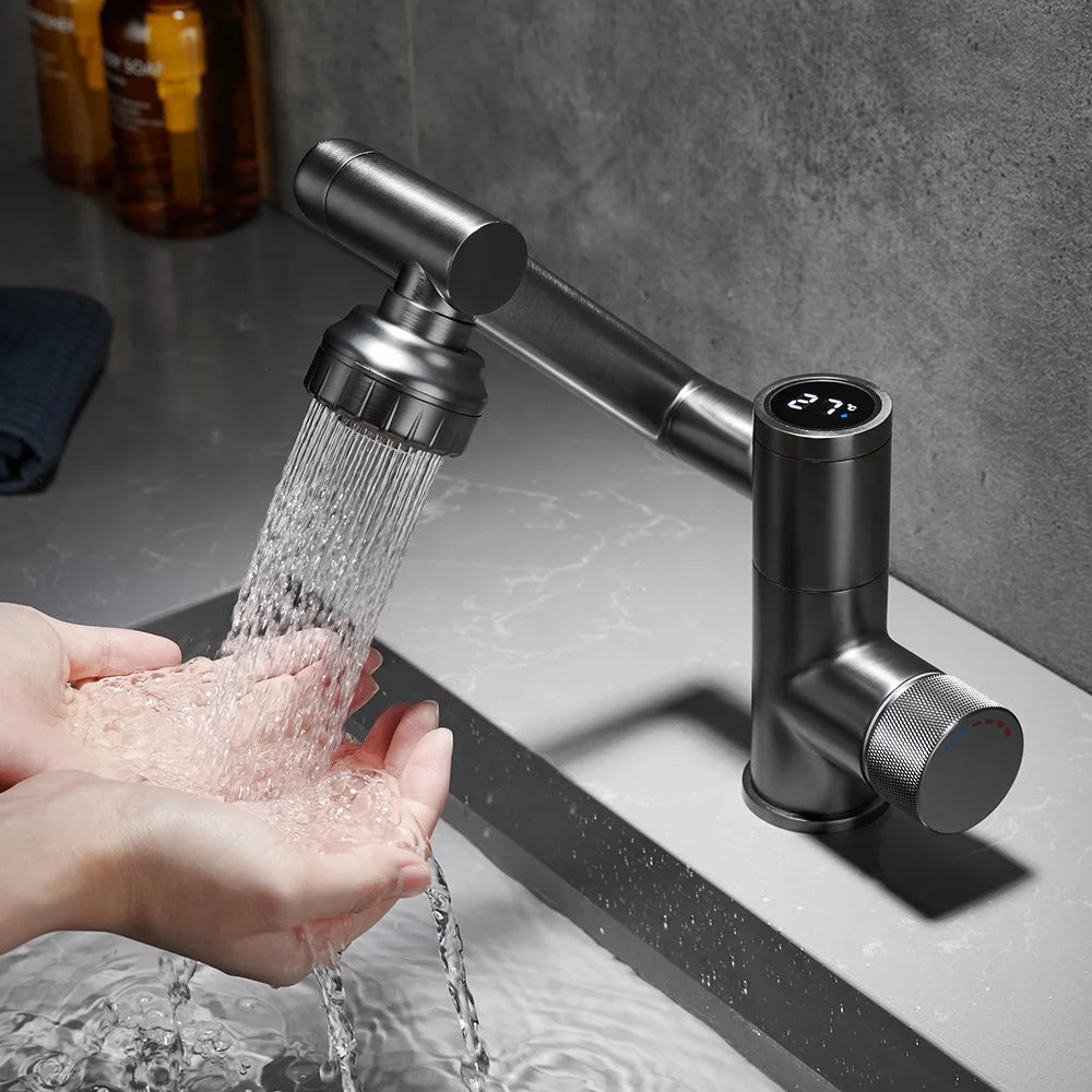 1080 Degree Universal Rotating Wash Basin Faucet LED Thermostatic Temperature Display Mixers Bathroom Sink Water Tap Gun Grey