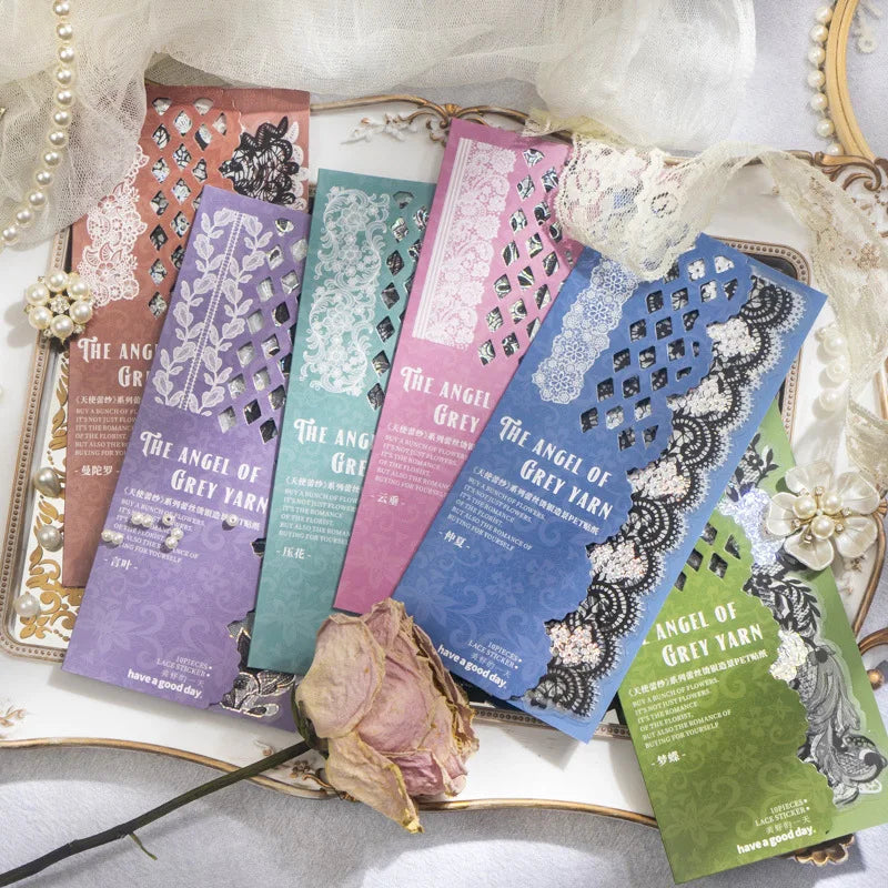 10Pieces/Pack Pet Stickers Angel Lace Series Hot Silver Lace DIY Journal Decorative Source Material Stickers 6Models