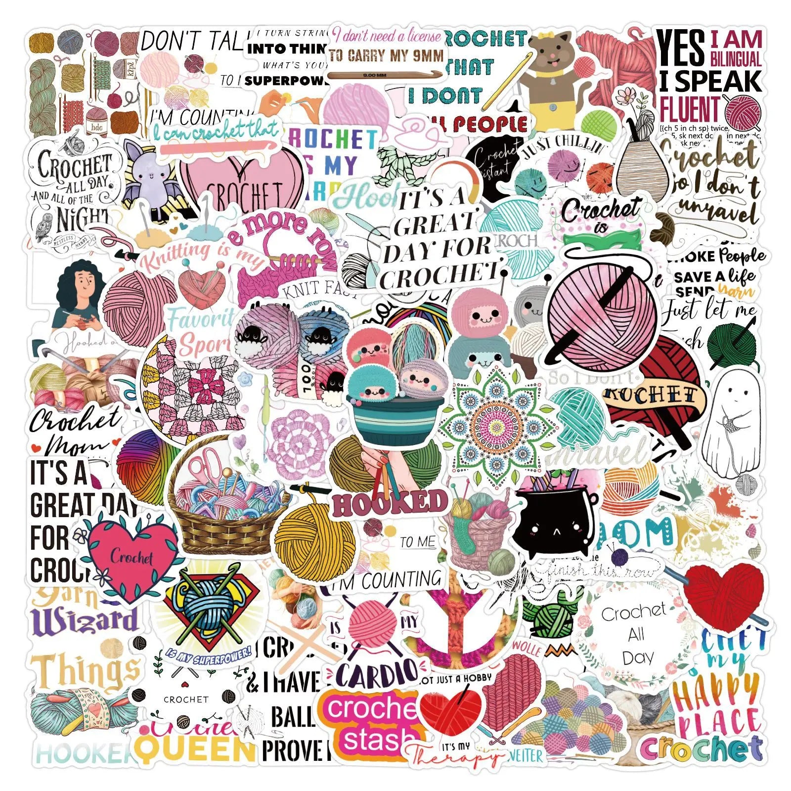 100Pcs Crochet Needle Ball Cartoon Logo Graffiti Stickers for Gift Bottle Table Decor Vinyl Clew Sticker