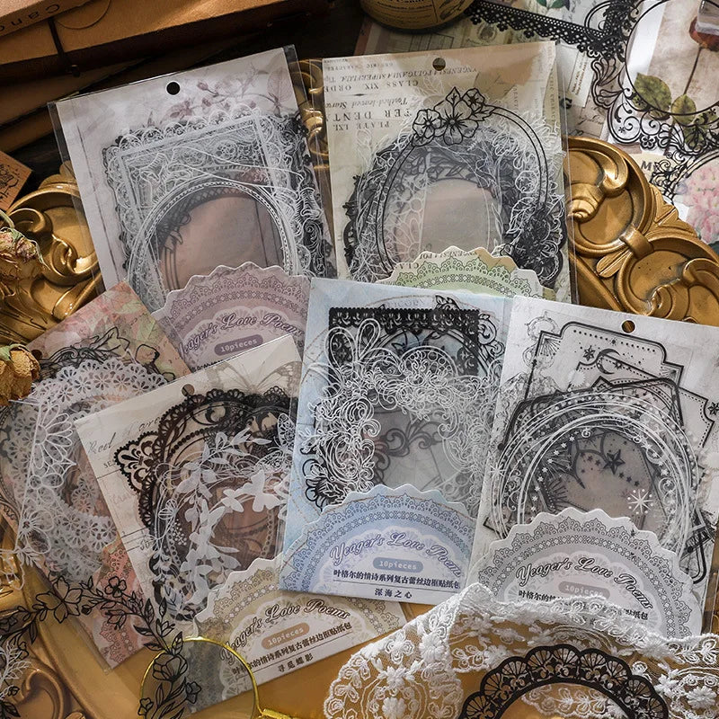 10 Sheets/pack of Stickers Including Yeager's love Poem Series Retro Lace Border Handbag Material Stickers 6 Styles
