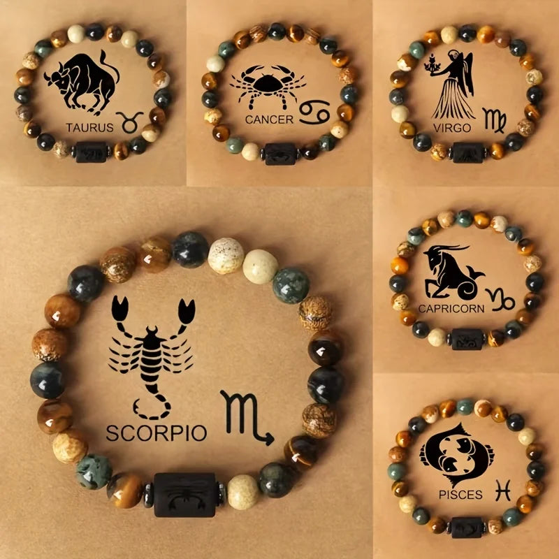 12 Zodiac Signs Charm Bracelet Fashion Obsidian Natural Beaded Bracelet Virgo Leo Libra Couple Women Men's Bracelet