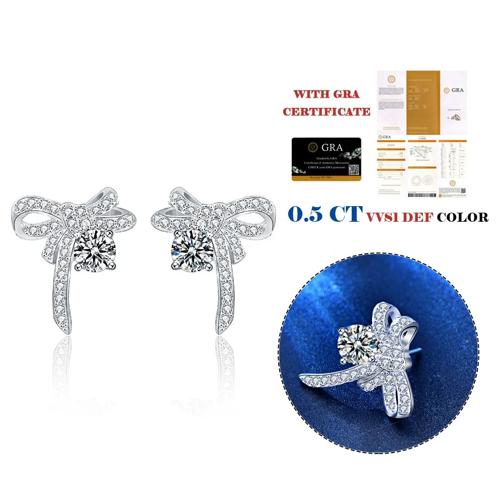 0.5ct 1ct Trendy Sterling Silver Flower butterfly Knot Shaped Diamonds Mossanite Screw Back Stud Earrings for Women