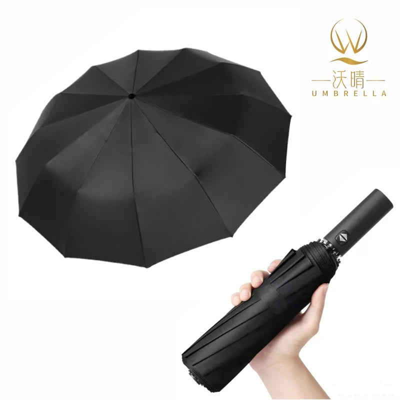 12 Bones Customizable Logo Printing Business Rain Umbrella Fully-Automatic Windproof Plastic Handle Fiber Frame Black Coating