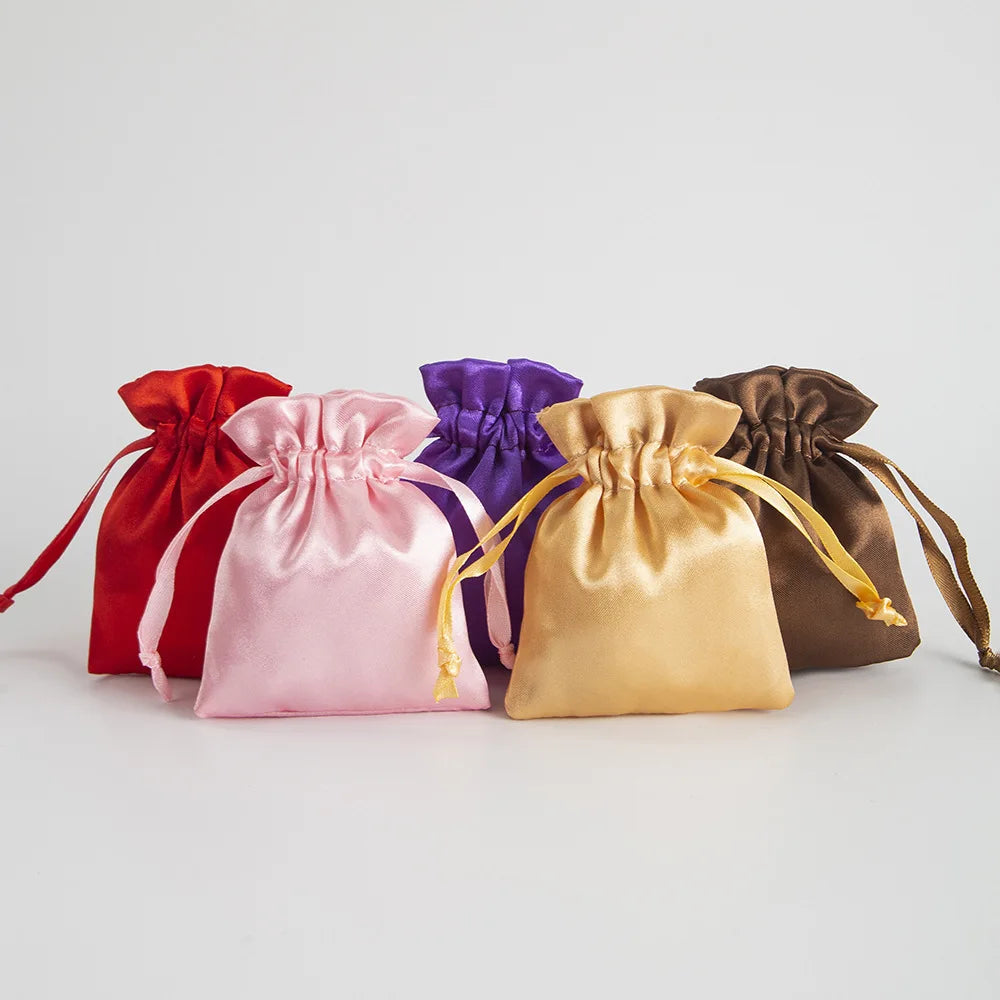 Pink Gift Luxury Dust Black Logo Polyester Packaging Silk Satin Jewelry Pouch Custom Drawstring Bag for Promotion