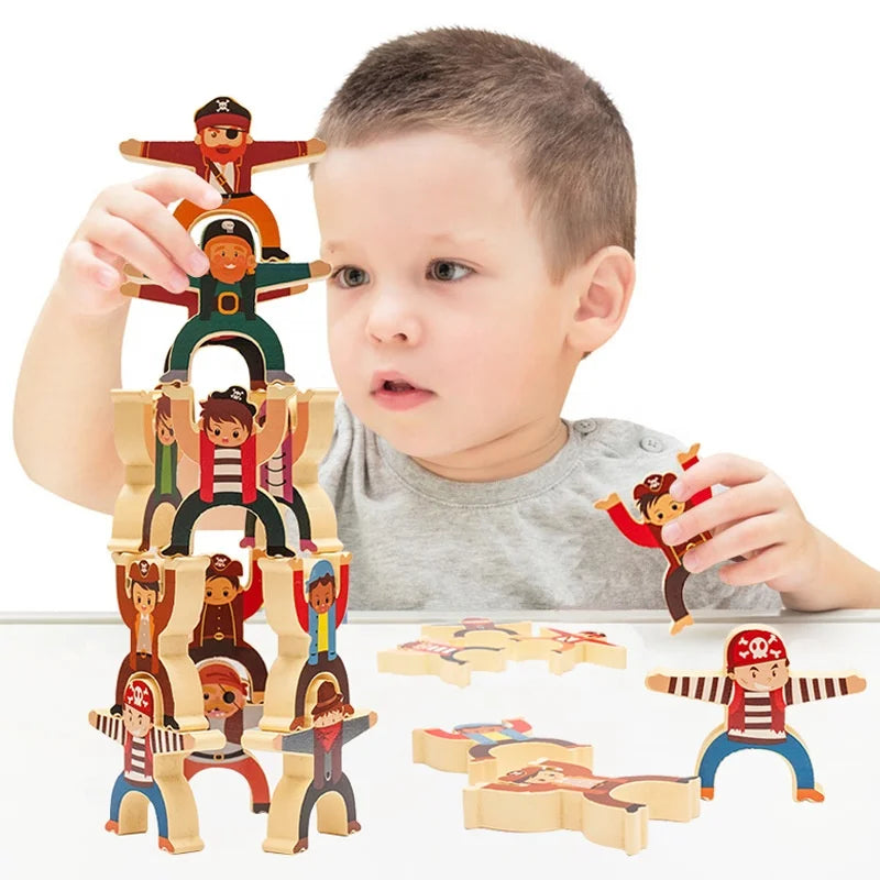 12-Piece Hercules Equilibrium Stacking Toys Wooden Balancing Blocks for Early Brain Development Educational Toy for Kids