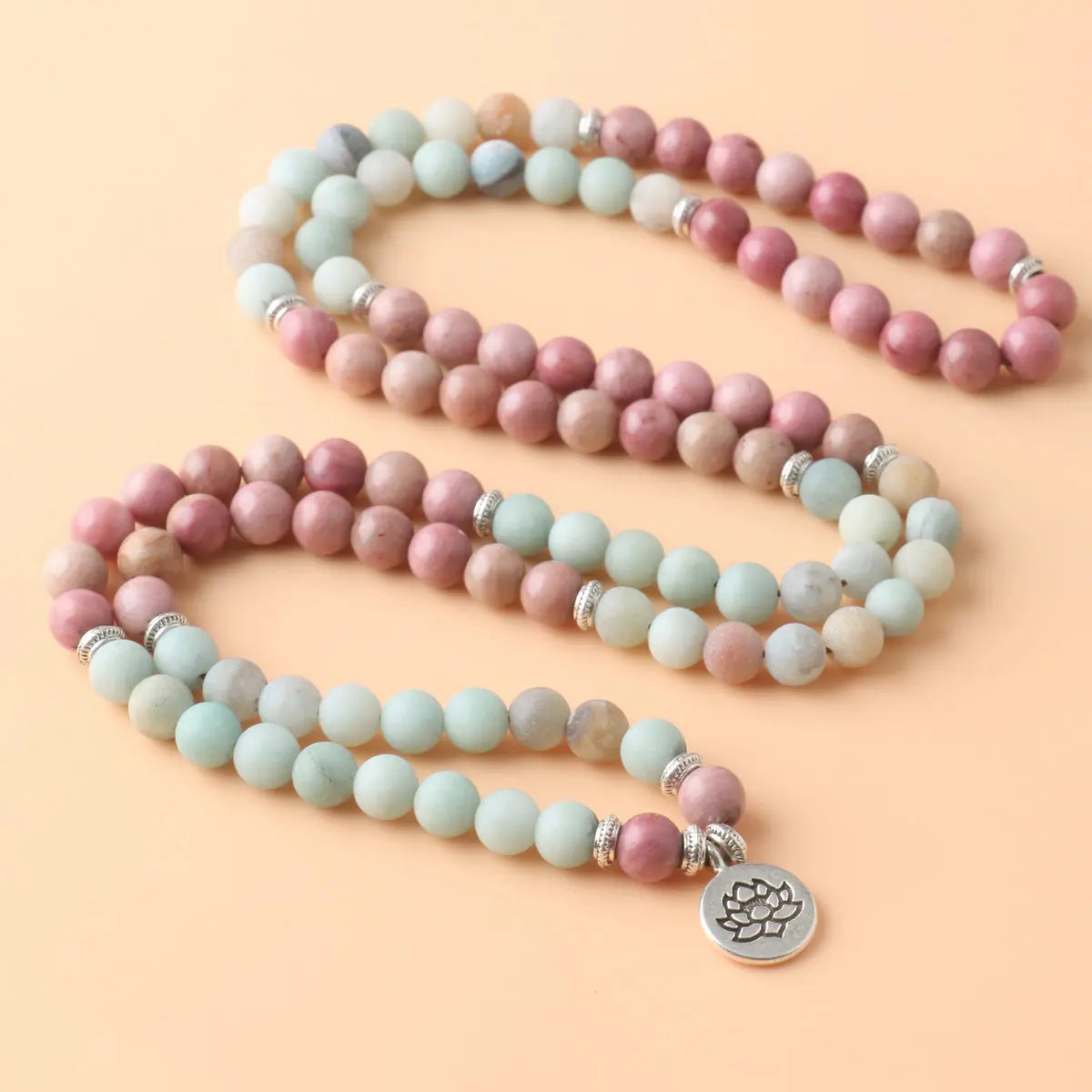 108 Mala Prayer Necklace/Bracelet Lotus Charm Natural Stone Amazonite Rhodochrosite  Meditation Yoga Japamala Necklace