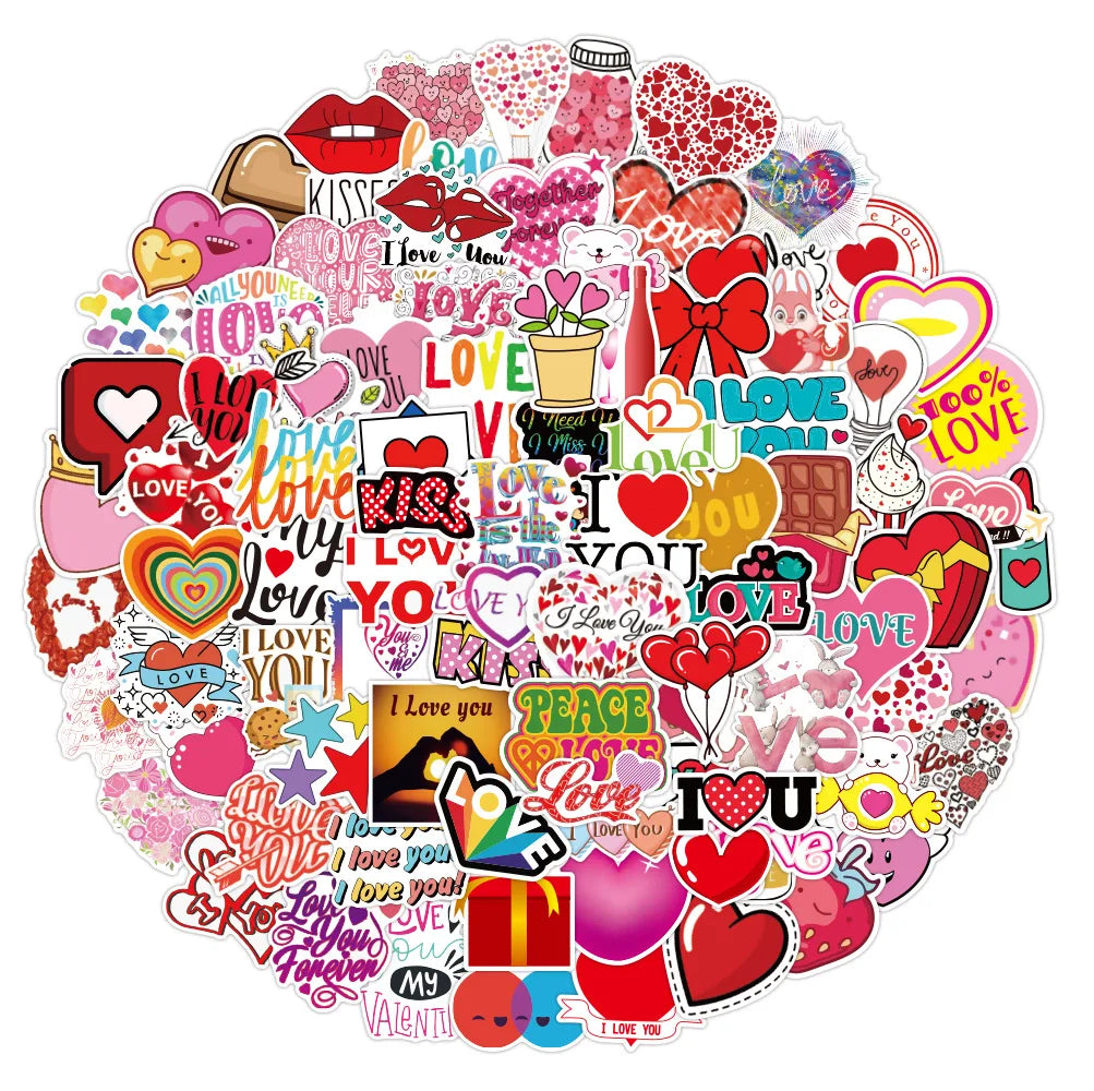 100Pcs Valentines Day Love Heart Graffiti Stickers for Book Laptop Wall Waterproof Vinyl Cute Girl Sticker