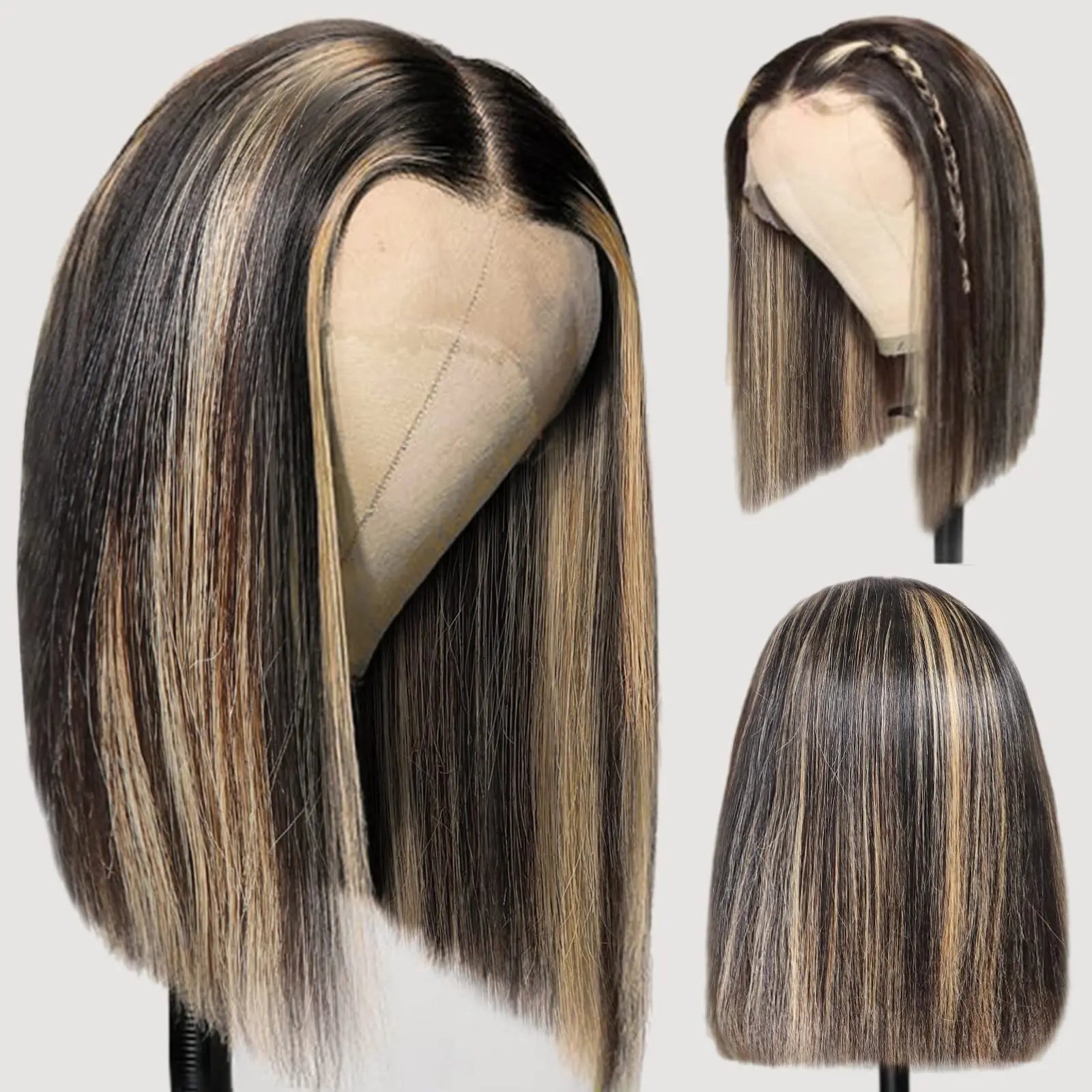 12 Inches Upgraded 5X6 Large Lace Straight Bob Wigs HIighlight Balayage Color Short Bob Wear Go Glueless Wig