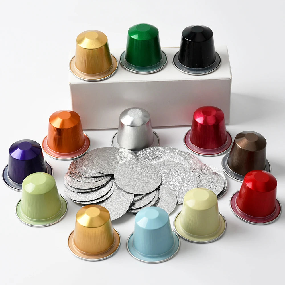 100pcs Disposable Nespresso Compatible Pods Empty Aluminum Foil Coffee Capsules with Machine Heat Sealing Lids Covers