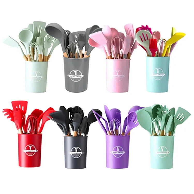12Pcs Food Grade Silicone Heat Resistant Cooking Tool Spoon Whisk Turner Non-Stick Kitchen Utensils Set