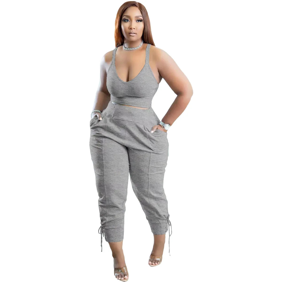 10% OFF S-2XL Large Size Loose Women's Candy Color Vest Strap Sports Leisure Two Piece (vest+pant)