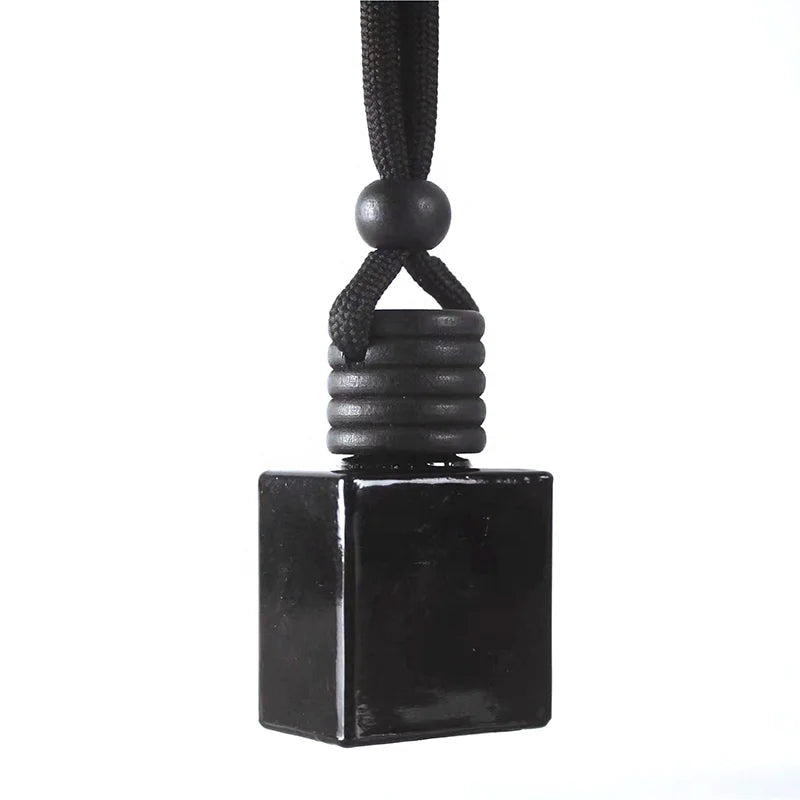 10ml New Arrival Full Black Bottle Car Air Freshener Hang Glass Bottle Bright Black Wooden Top Car Diffuser Rectangle Bottle