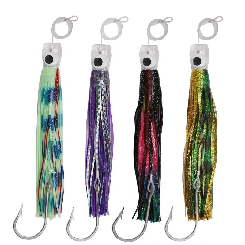 10.5in Resin Head Saltwater Trolling Fishing Lures High Intensity Color Tuna Lures Rigged Hook Octopus Skirt Lure