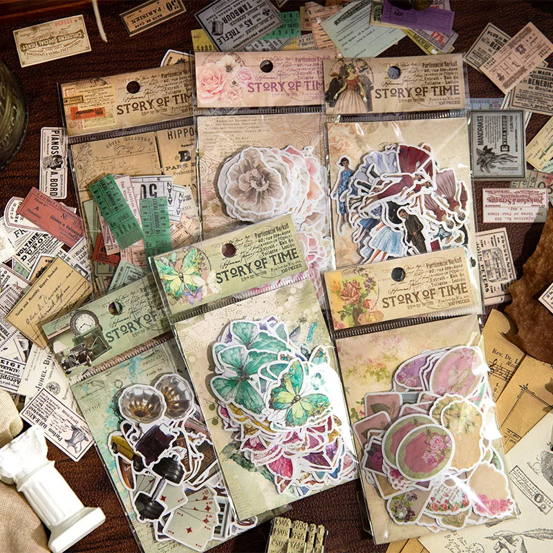 100 Pieces/Pack Material Stickers Time Story Series Retro Journal Hand Account Collage Decoration Materials Into 6 Options