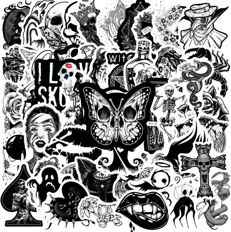 100Pcs Black and White Punk Gothic Stickers Vinyl Decor Stickers Skateboard Laptop Luggage Waterproof Stickers