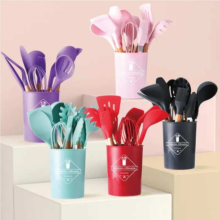 12pcs in 1 Set Wooden Handle Kitchenware Non Stick Accessories Silicone Cooking Kitchen Utensil Set Tools with Holder Box
