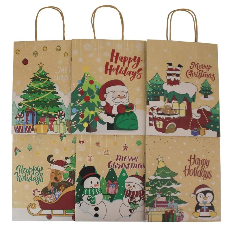 12pcs Kraft Brown Christmas Gift Paper Bags with Handle Goodie Kraft Party Favour Candy Bags for Holidays Christmas Gift Bags