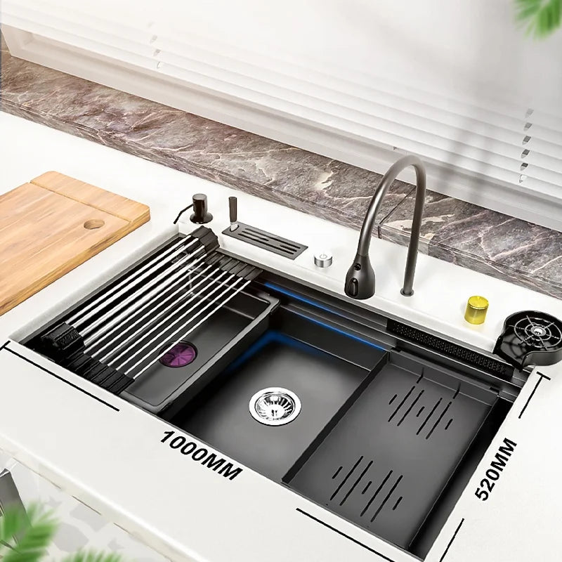 10052 Black Kitchen 304 Stainless Steel Sink with Waterfall Faucet and Knife Rest and Cup Washer for Farmhouse Kitchen