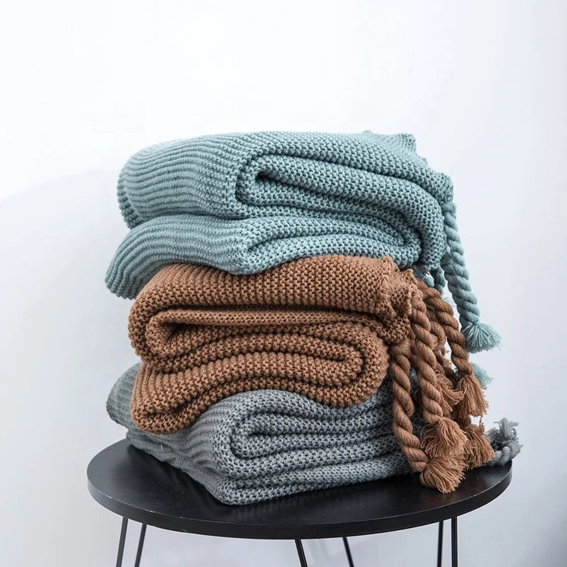 100% Acrylic Bohemian Style Tasseled Acrylic Knitted Throw Crochet Blanket for Office Home Decoration YM