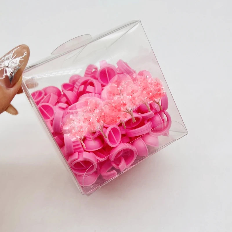 100pcs Heart Shape Plastic Lash Glue Ring Disposable pink Lash Extension Blossom Cup Holder Glue Rings