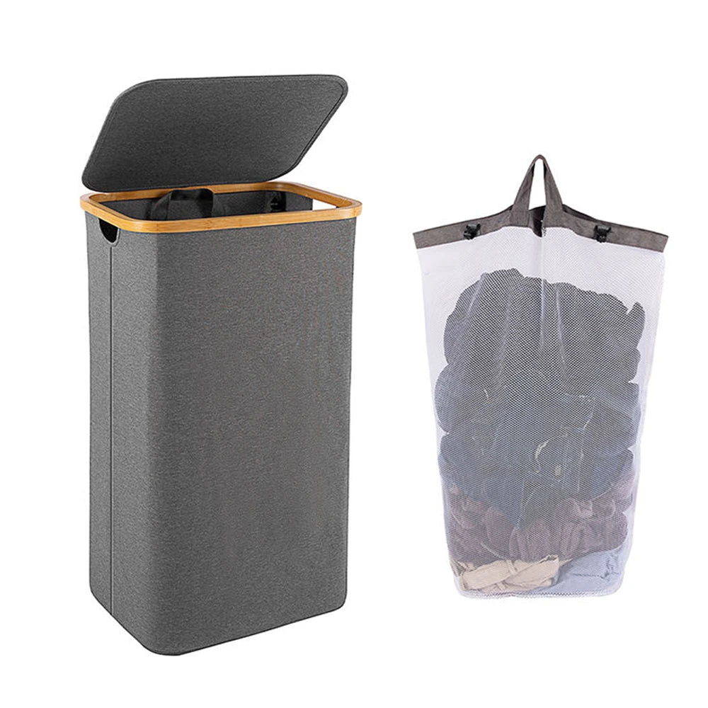 100L Ample Capacity Gray Washing Basket Wear Resistance Bamboo Outer Frame Oxford Foldable Laundry Basket for Towel Blanket Toys