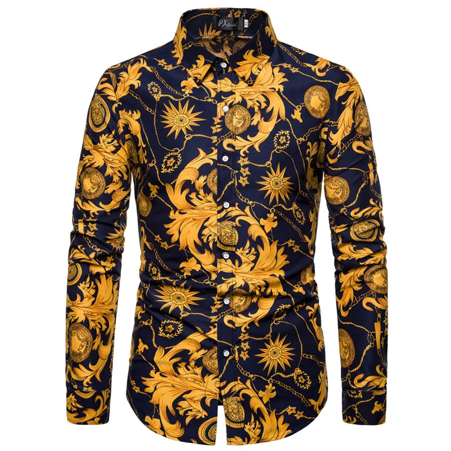 10 Colors M-5XL New Men Spring Printed Court Gentleman Shirt Long Sleeve Button Lapel Collar Business Formal Casual Tops Shirts