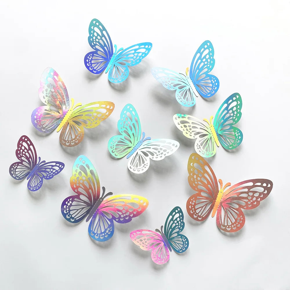 12pcs 3D Three-dimensional Colorful Silver butterfly Stickers Wedding Festival Party Balloon Decoration Wall Stickers