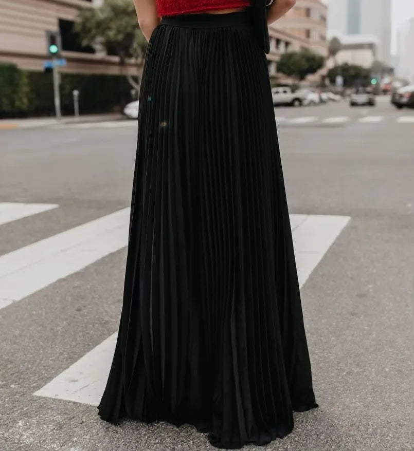 103-105cm  Fashion Elegant Style Pleated Skirt  Retro Women Long Skirt   Women New Casual Spring Summer Ladies Maxi Skirt 10%