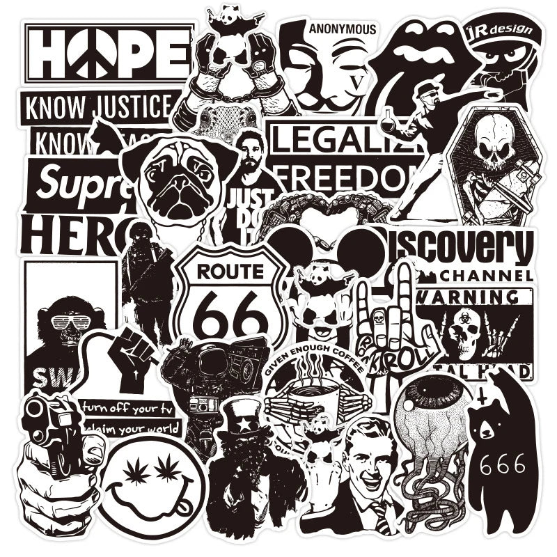 100Pcs Gothic Black White Waterproof Graffiti Stickers for Notebook Scooter Goth Vinyl Sticker