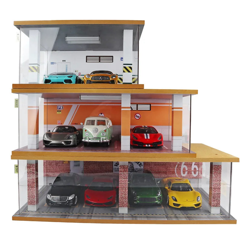 1/32 Wood Car Model Parking Garage Model Scene with Light  Acrylic Dust-proof High-end Luxury Collection Display Box Storage Box