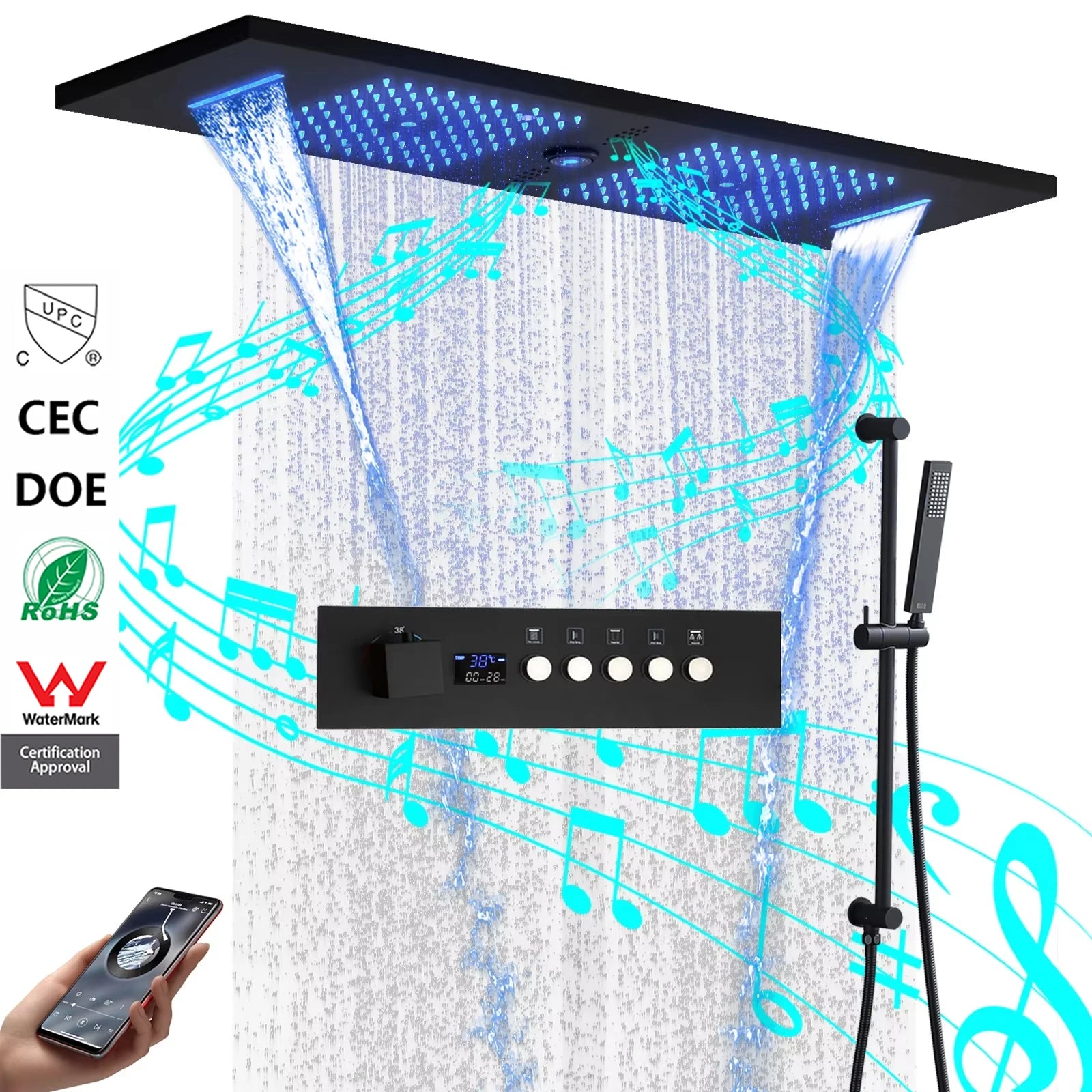 12 X 36 Inch Ceiling Led Rain Shower Head with Music Speaker System  Bathroom LED Display Thermostatic Shower Fixtures Set