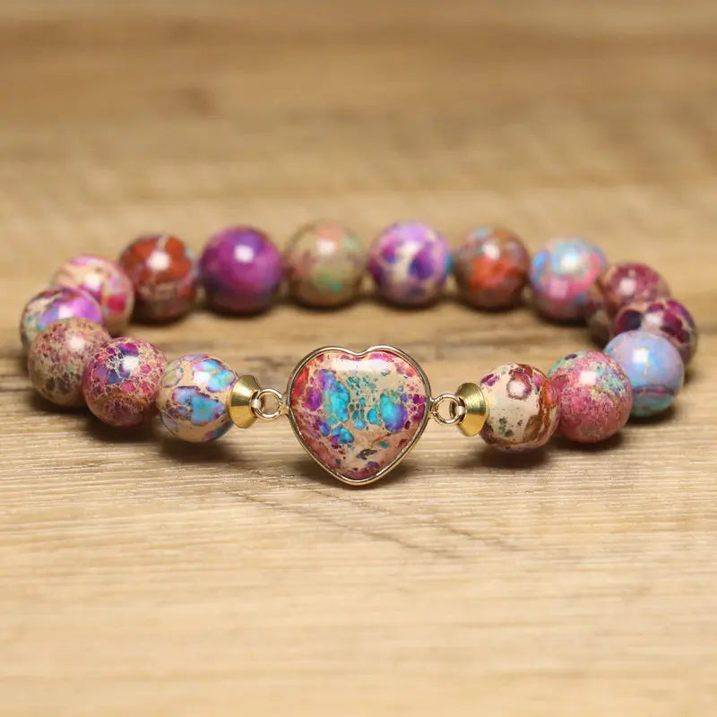 10mm Purple Imperial Jasper Bracelet for Women Jewelry  Natural Healing Crystal Stretch Minimalist Heart Charm Stone Bracelet