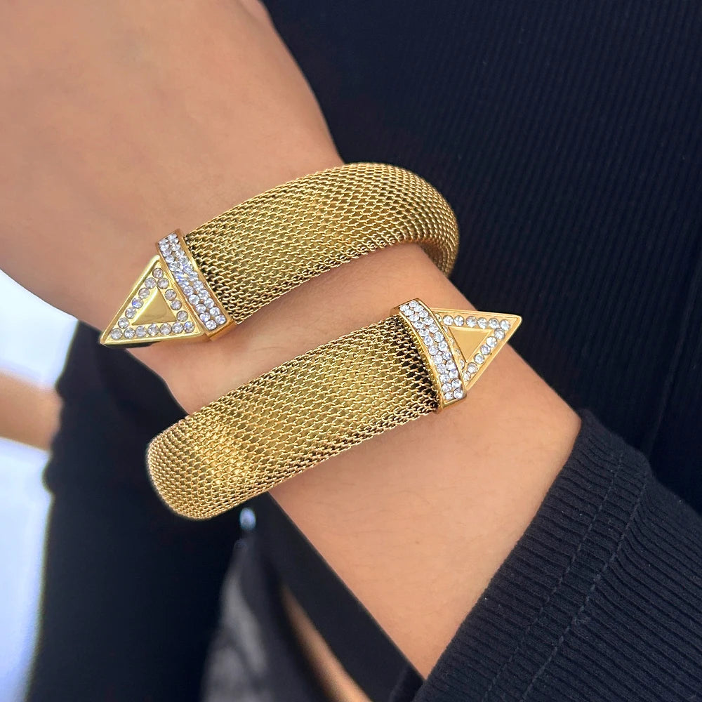 12mm 16mm Wide Thick Mesh Stainless Steel Cuff Bangle Elegant Women's Charm Iced Out Arrows Design Gold Bracelet