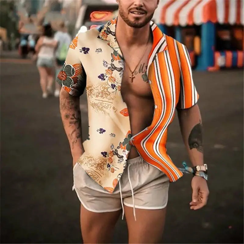 10%OFF M-3XL Men Casual Shirt Printing Striped Patchwork Streetwear  Short Sleeve Fashion Mens Hawaiian Shirt