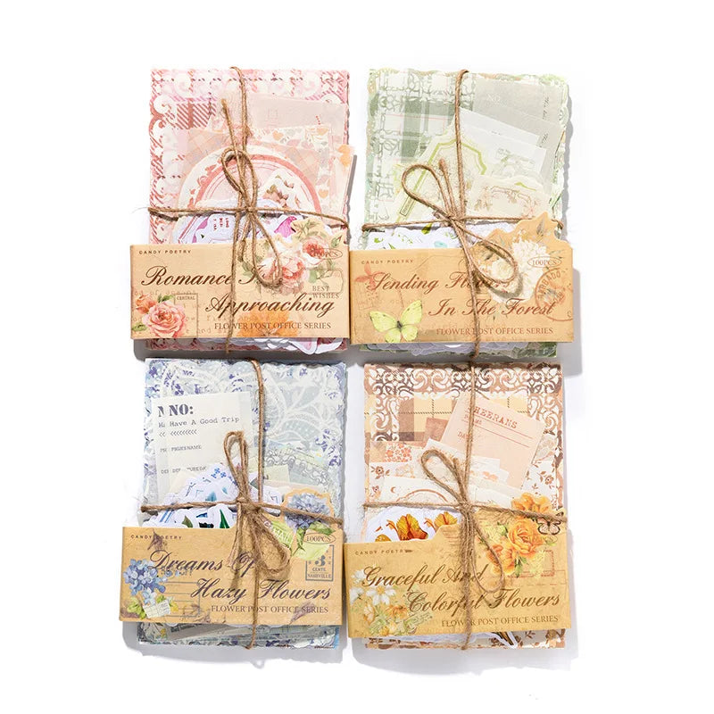 100pcs/pack Material Flower Post Office Series Light Retro Handbook Watercolour Flower Stickers Decorative Paper Message Notes
