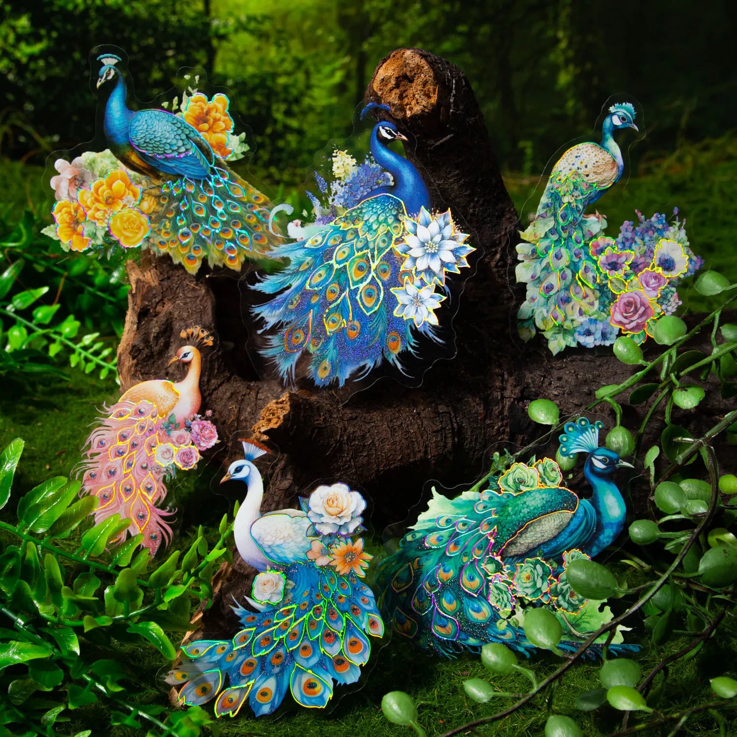 10 Pieces/Pack Peacock Nanfei Series Peacock Theme Laser Journal Material Stickers