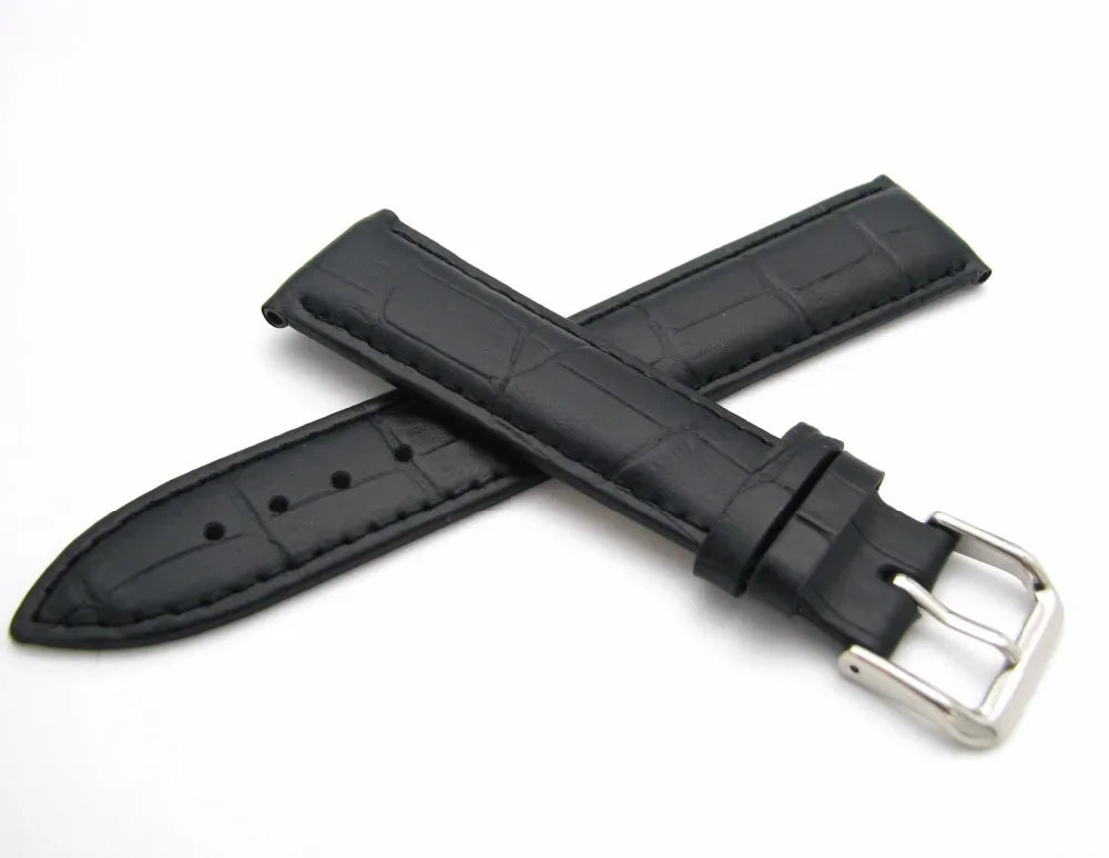 12 14 16 18 20 22 24mm Genuine Cowhide Leather Black Classic Watch Band Strap Silver Pin Buckle