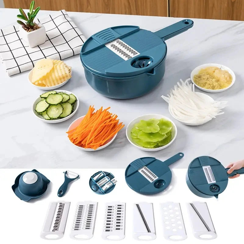 12 in 1 Fruit & Vegetable Tools Kitchen Gadgets Vegetable Chopper Slicer Rotate Multifunctional Vegetable Cutter with Drain Bask