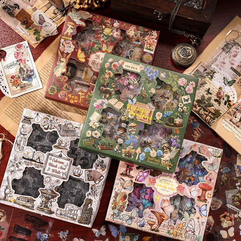 100 Sheets/pack of Vintage Gift Box Stickers Creative DIY Ledger Stickers PET Children's Ledger Material Stickers