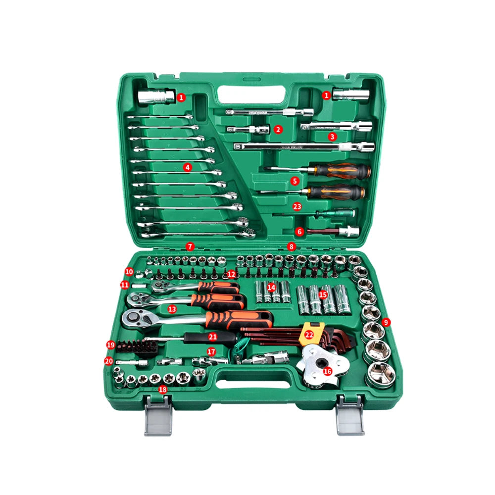 121pcs CR-V Hand Maintenance Kits 72T 1/2 1/4 Socket Ratchet Wrench Set Customizable OEM Box for Car Repair Tools Toolbox