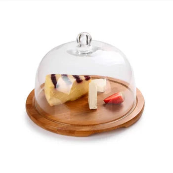 11*25.4 Clear Glass Dome With Bamboo Wood Base Tableware Accessory