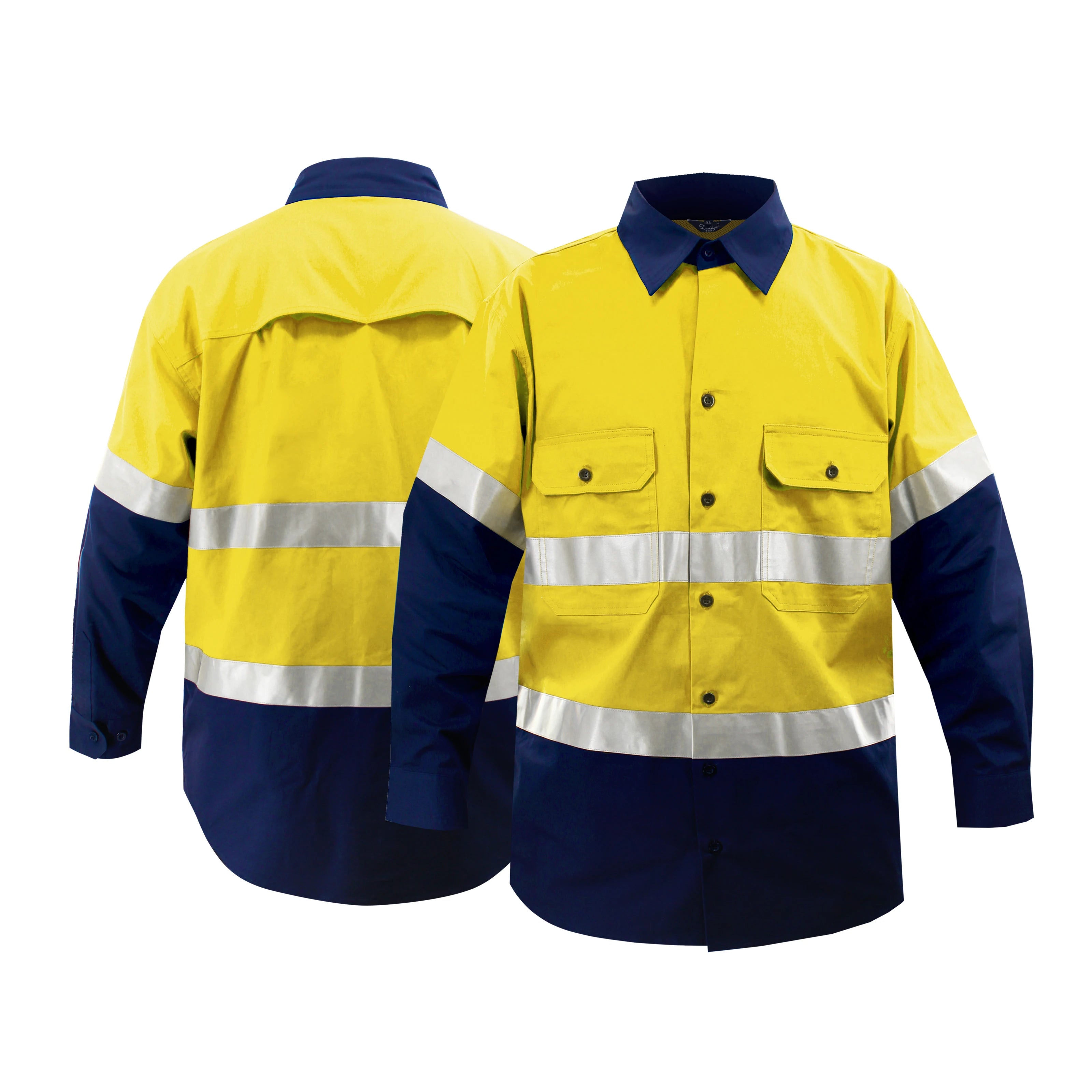 100% Cotton Hi Vis Yellow Long Sleeve Work Shirt Reflective Safety Clothing for Men Mining Mechanic Construction Workwear FG-15L