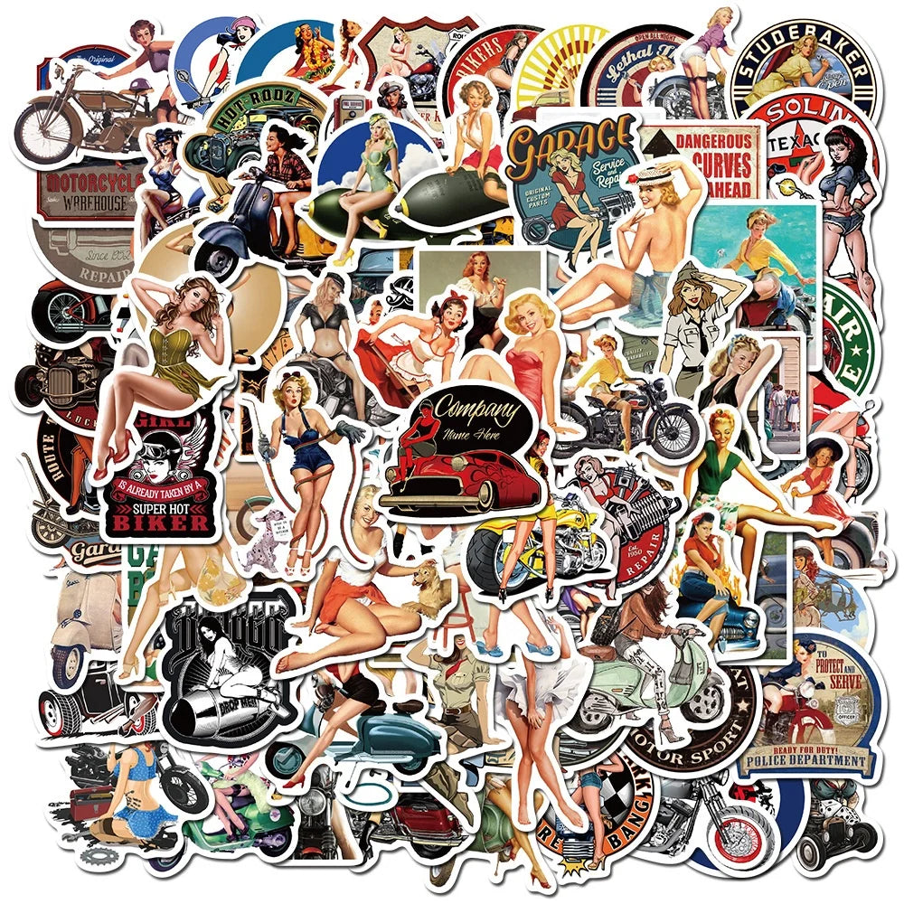 100Pcs Retro Motorcycle Lady Girl Woman Pinup Stickers for Paper Decal Home Promotion Gift Luggage Laptop Custom Stickers