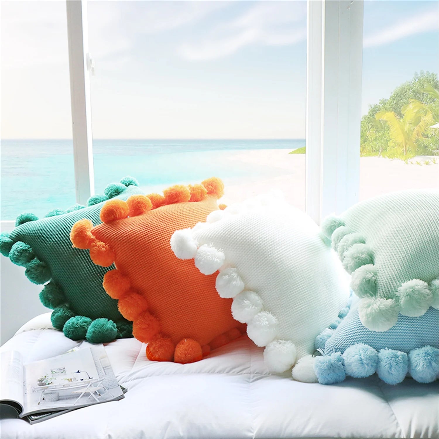100% Acrylic  Living Room Sofas Pillow for Sofa Knitted Fur Ball Edge Home Decoration Al